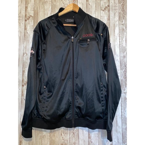 Men's Black Full Zip Coogi Signature Bomber Patch Jacket Coat Size XL Satin Feel - Picture 1 of 15